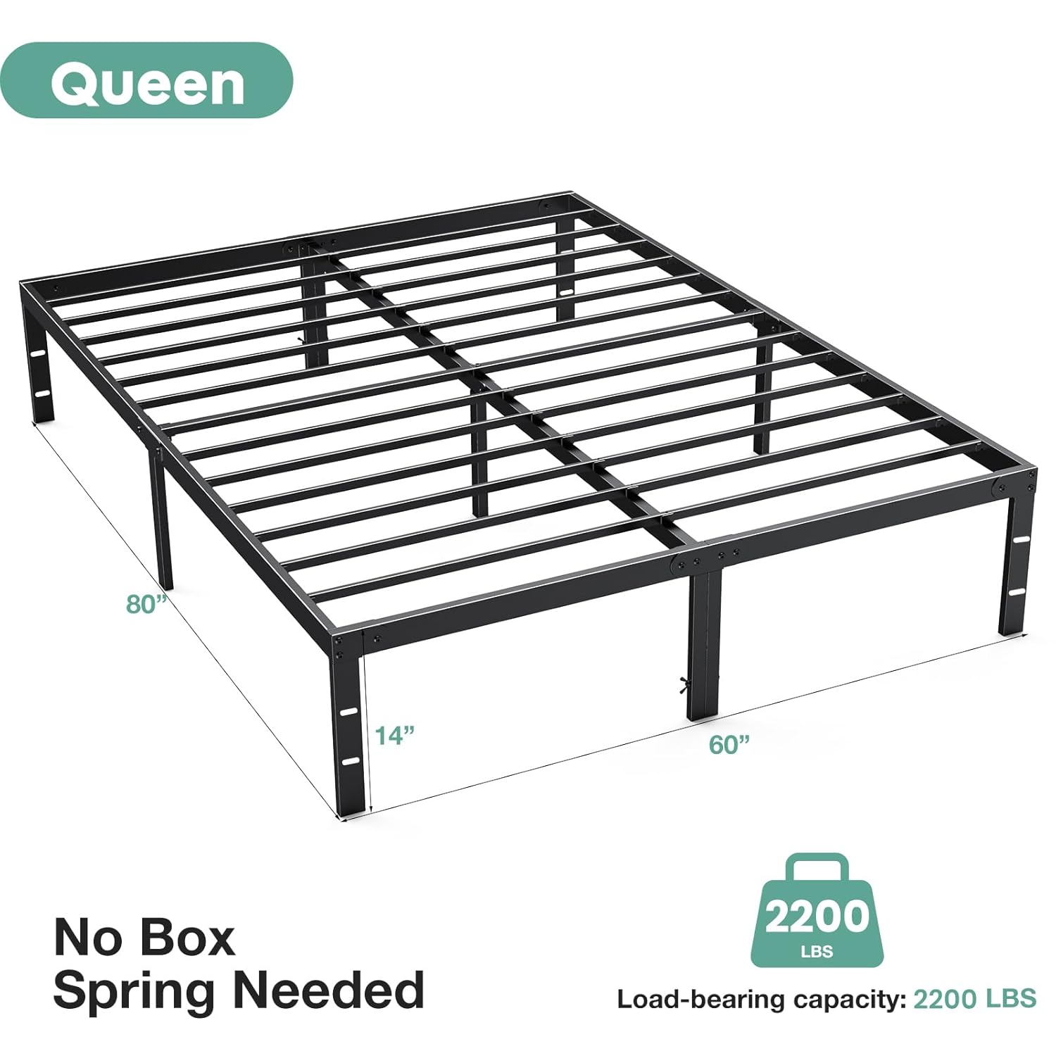 Queen Size Black Metal Bed Frame with Storage and Slats