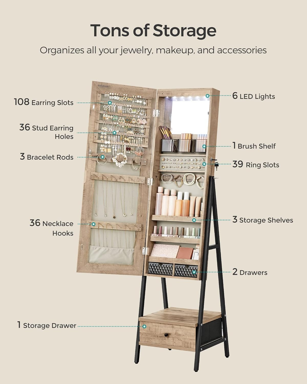SONGMICS LED Mirror Jewelry Cabinet Standing, Lockable Jewelry Armoire with Full-Length Mirror, Space-Saving Jewelry Organizer with Mirror, Drawer and Shelf, Toasted Oak Color UJJC025N01