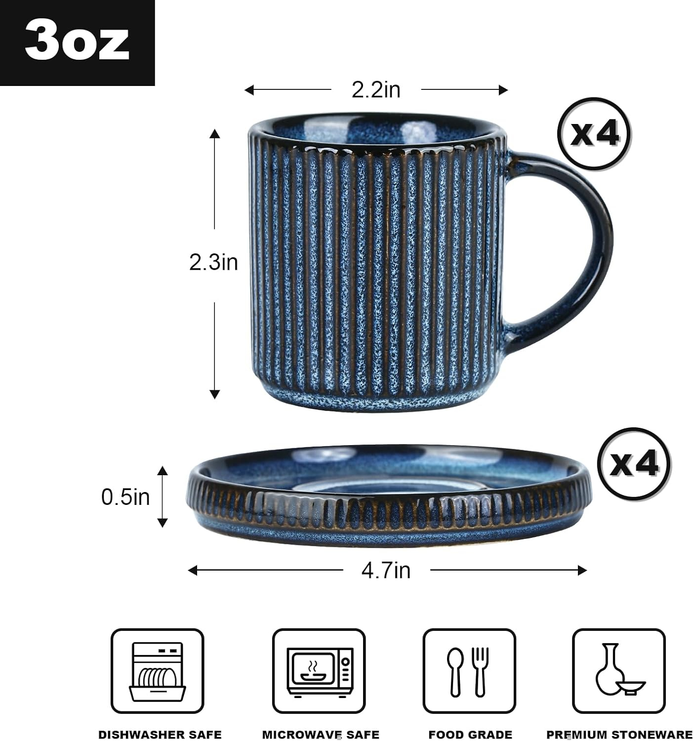 Espresso Cups and Saucers Set of 4, [ Mini ] 3 oz Ceramic Small Coffee Mug with Handle, Ribbed Stoneware Demitasse Cup for Tea, Latte - Microwave & Dishwasher Safe - Nebulas Blue