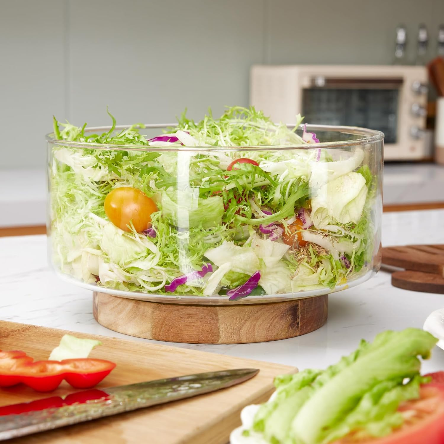 Large Salad Bowl Set, Glass Salad Bowl with Acacia Wood Base and Salad Serving Utensils, 150 oz Trifle and Fruit Bowl, Serving Bowls for Dessert, Popcorn, Chips, Pasta, Microwave & Dishwasher Safe