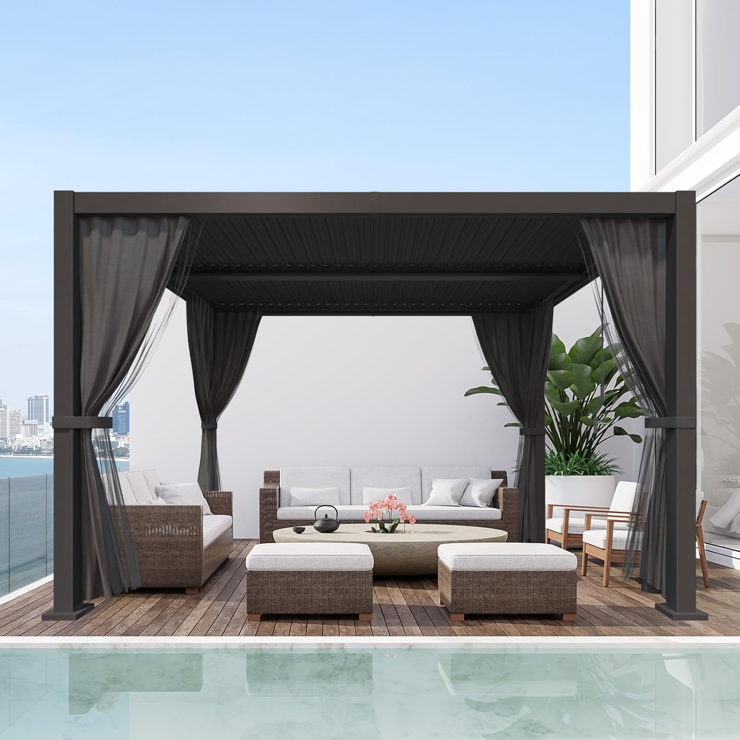 10' ×13' Outdoor Louvered Pergola with Curtain, Aluminum Outdoor Louvered Pergola Patio with Adjustable Roof, Hardtop Metal Gazebo for Patio, Backyard, Garden(Black, 10x13 with Curtain)