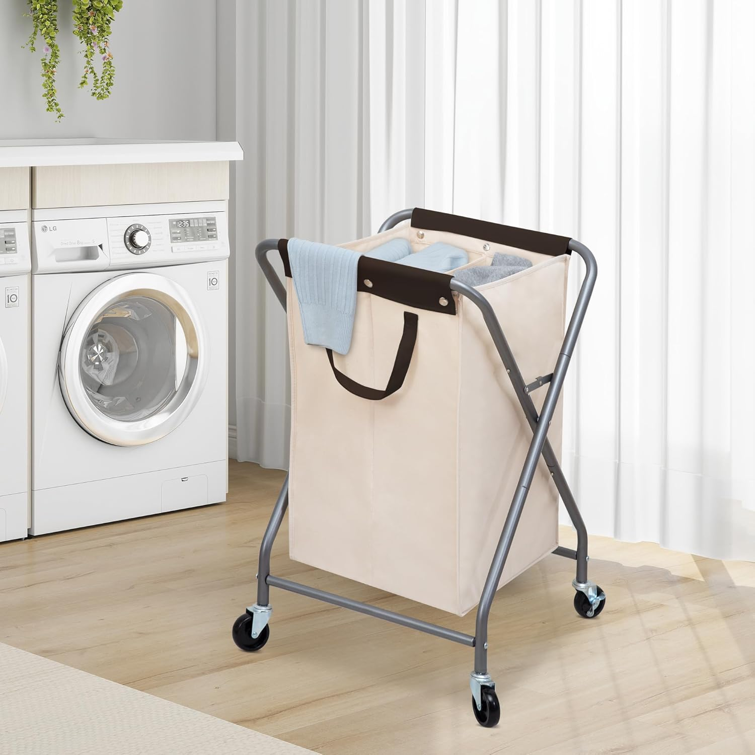 Rolling Laundry Basket with 125L Capacity, Heavy Duty Hamper with Removable Bag, 2-Section Folding X Frame Laundry Organizer Cart with Wheels for Easy Storage