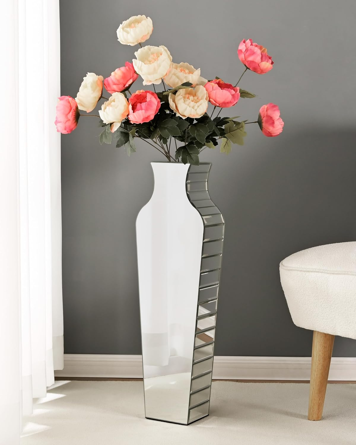 SHYFOY Tall Crushed Diamond Floor Vase Large Silver Mirror Vases for Decor Living Room Floor, Luxury Container for Dried Flower Arrangements Decor, 26.8 inches