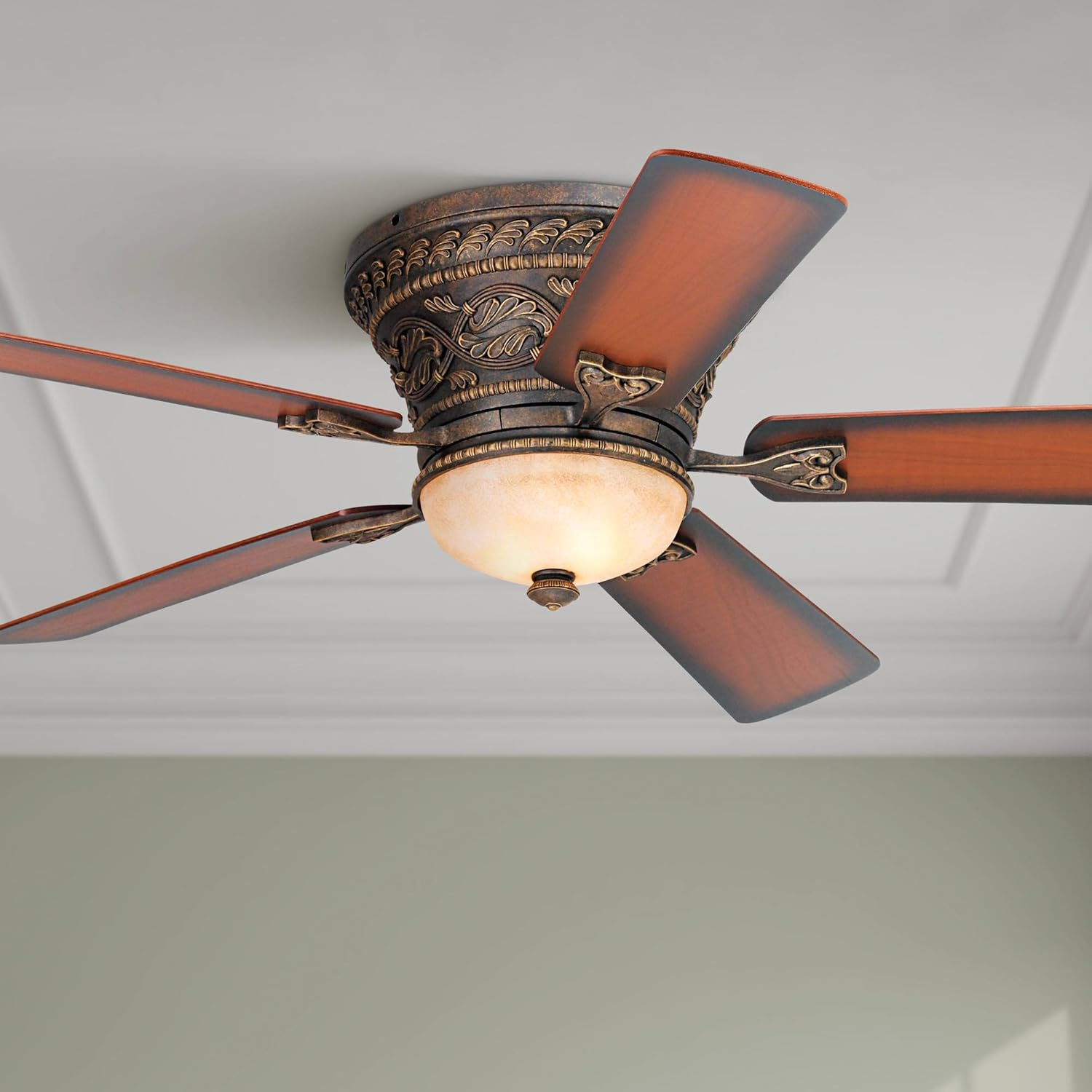 52" Bronze Flush Mount Ceiling Fan with LED Light and Remote