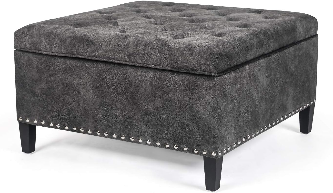 Adeco Large Square Footstool Fabric Ottoman with Storage Footstool, Dark Gray