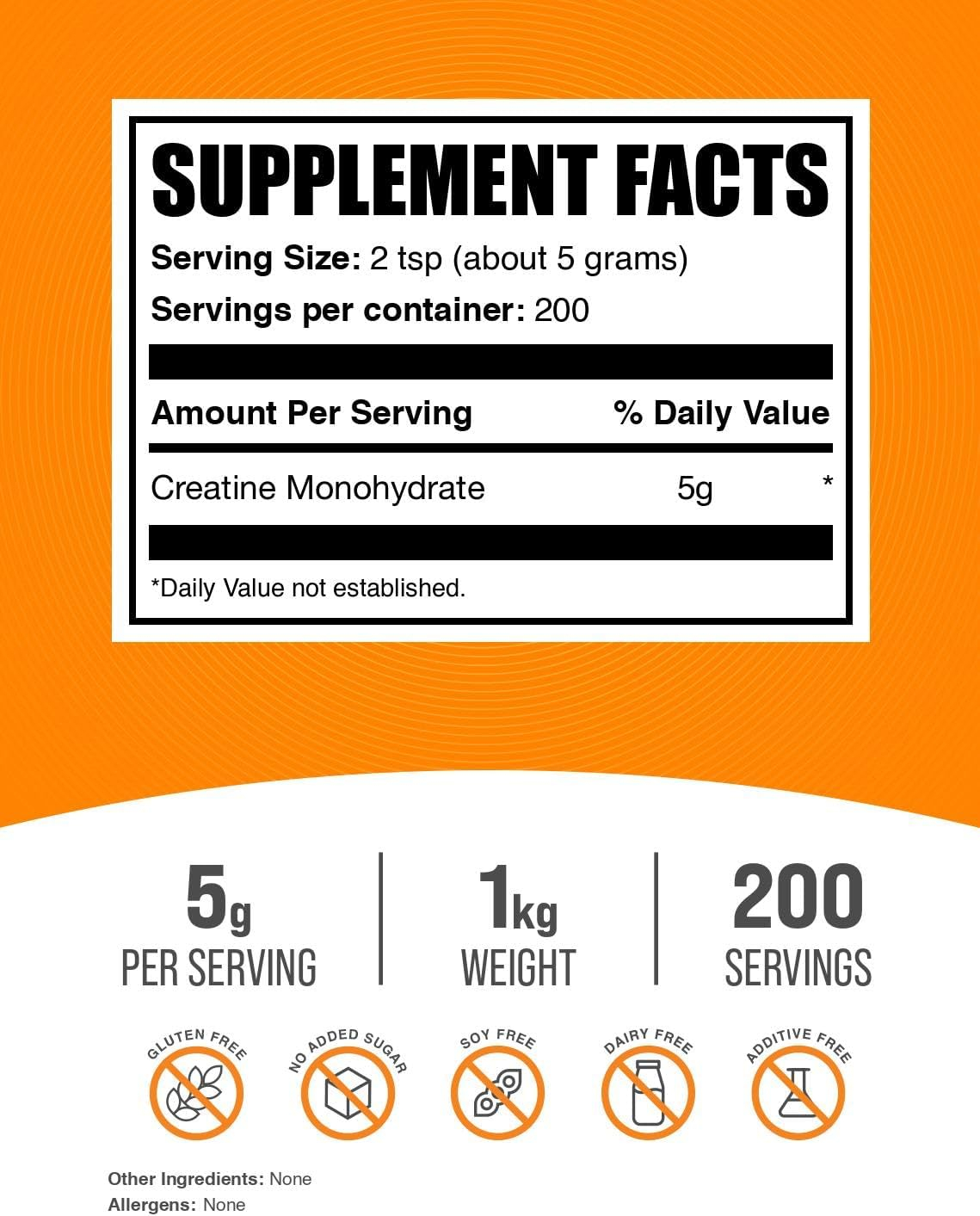 BulkSupplements® Creatine Monohydrate Powder, Micronized, 5g per Serving, 1kg, 200 Servings