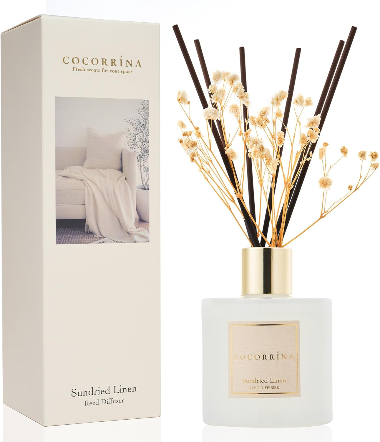Cocorrína Reed Diffuser - Sundried Linen Scented Diffuser with 8 Sticks Home Fragrance Reed Diffuser for Bathroom Shelf Decor