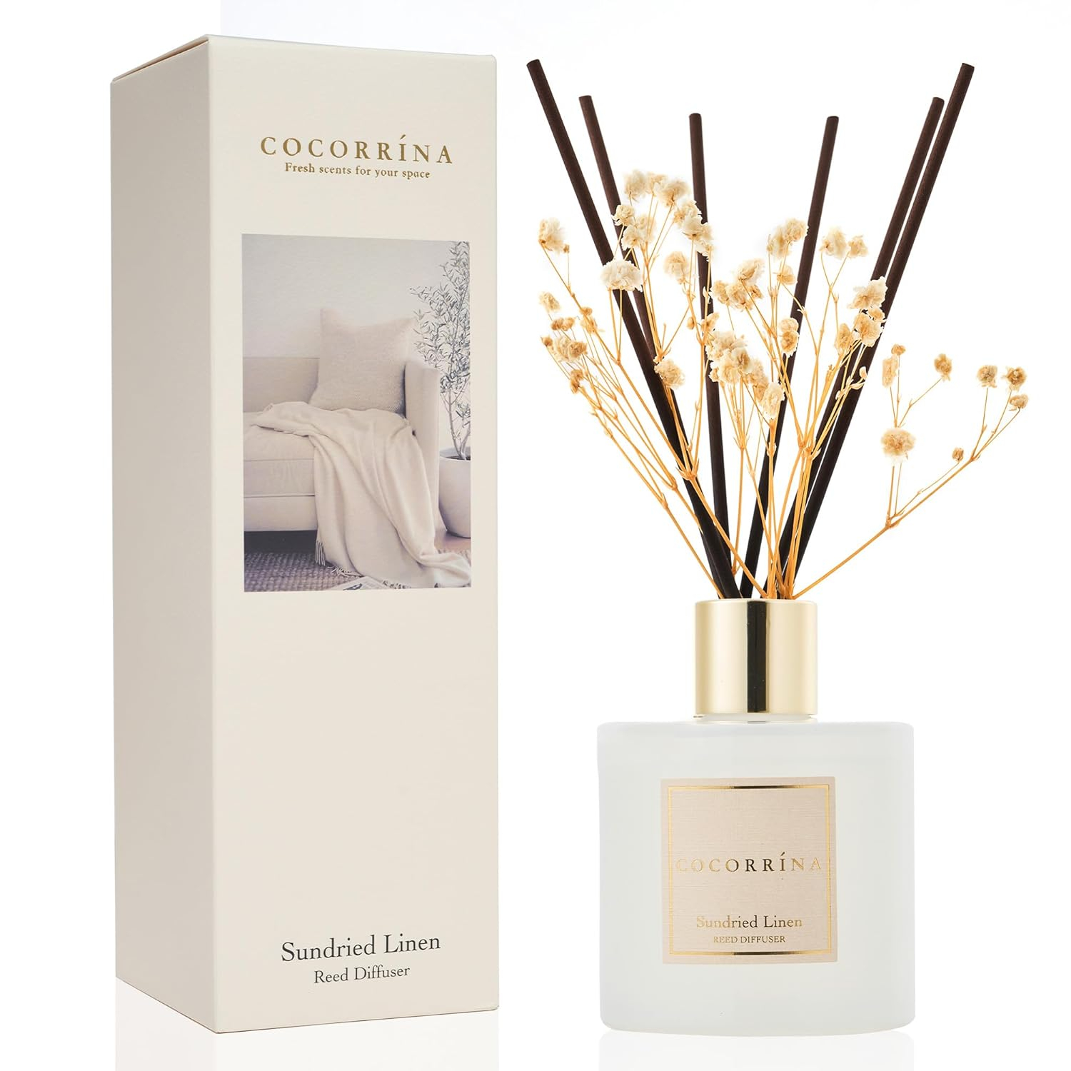 Cocorrína Reed Diffuser - Sundried Linen Scented Diffuser with 8 Sticks Home Fragrance Reed Diffuser for Bathroom Shelf Decor