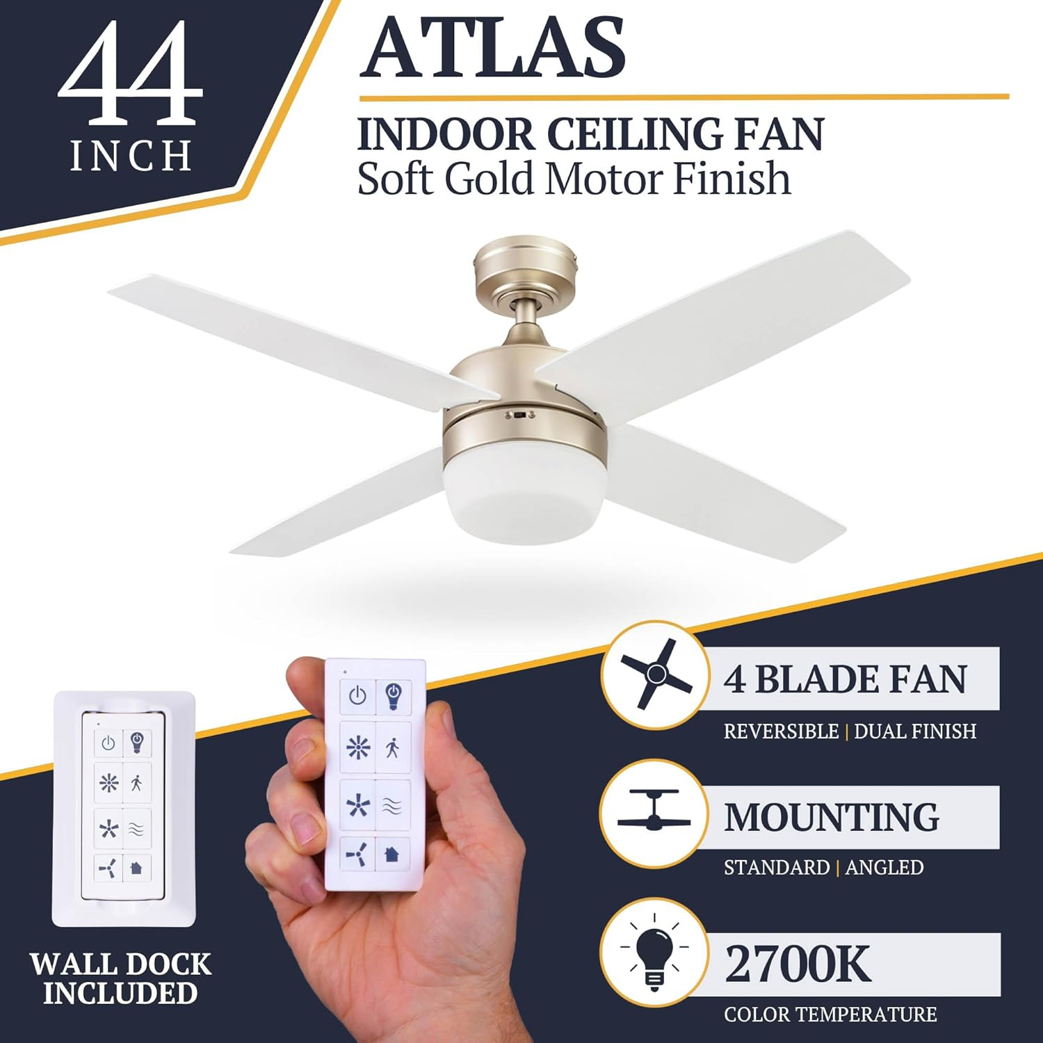 Prominence Home Atlas 44" Champagne Ceiling Fan with Light, Remote Control, 4 Blades & Reverse Airflow