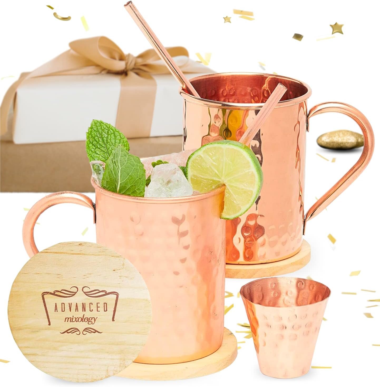 Advanced Mixology Moscow Mule Copper Mugs - Set of 2 - 100% HANDCRAFTED - Pure Solid Copper Mugs 16 oz Gift Set with BONUS: Artisan Wooden Coasters, Cocktail Copper Straws, and Shot Glass!