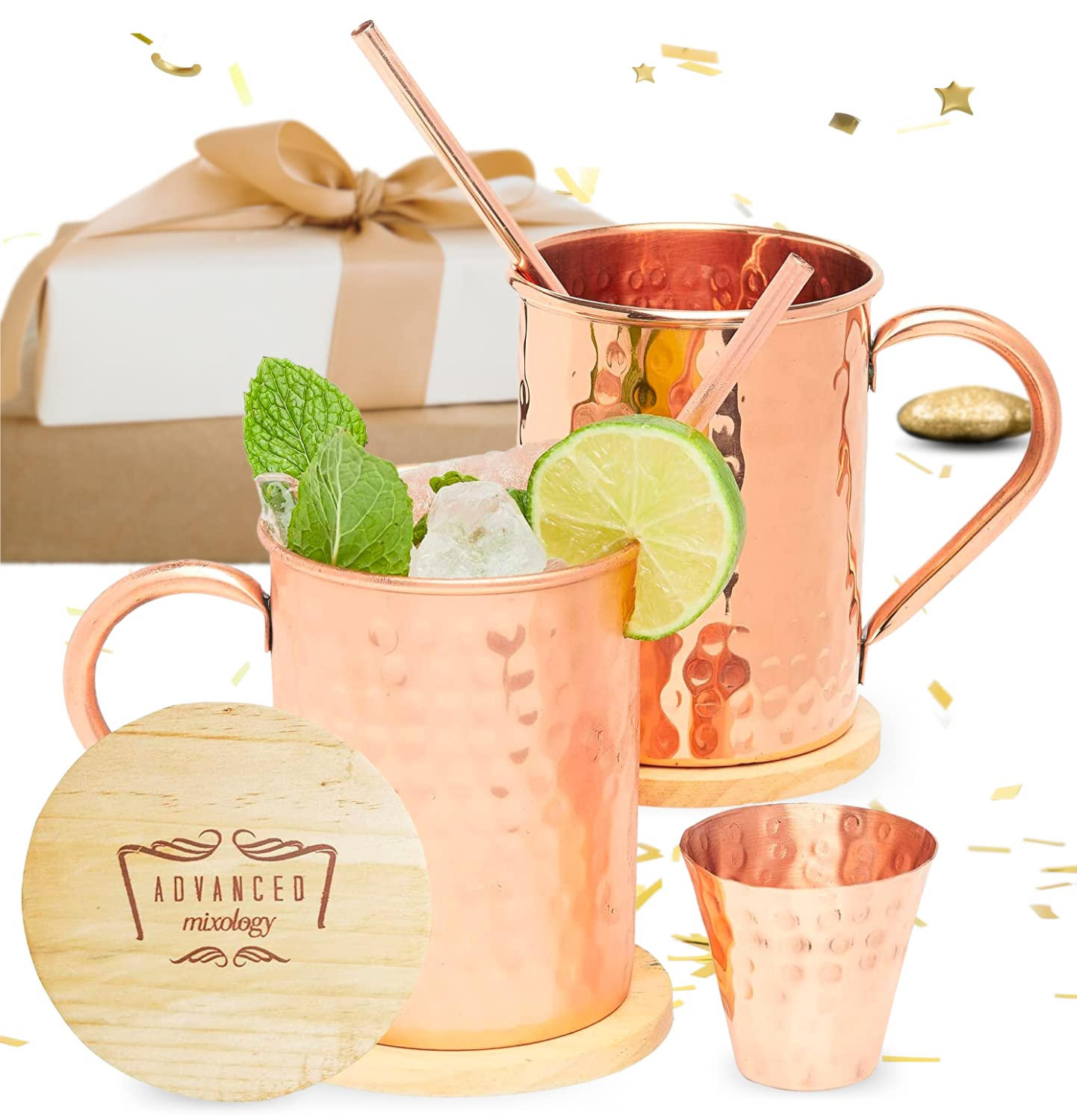 Advanced Mixology Moscow Mule Copper Mugs - Set of 2 - 100% HANDCRAFTED - Pure Solid Copper Mugs 16 oz Gift Set with BONUS: Artisan Wooden Coasters, Cocktail Copper Straws, and Shot Glass!