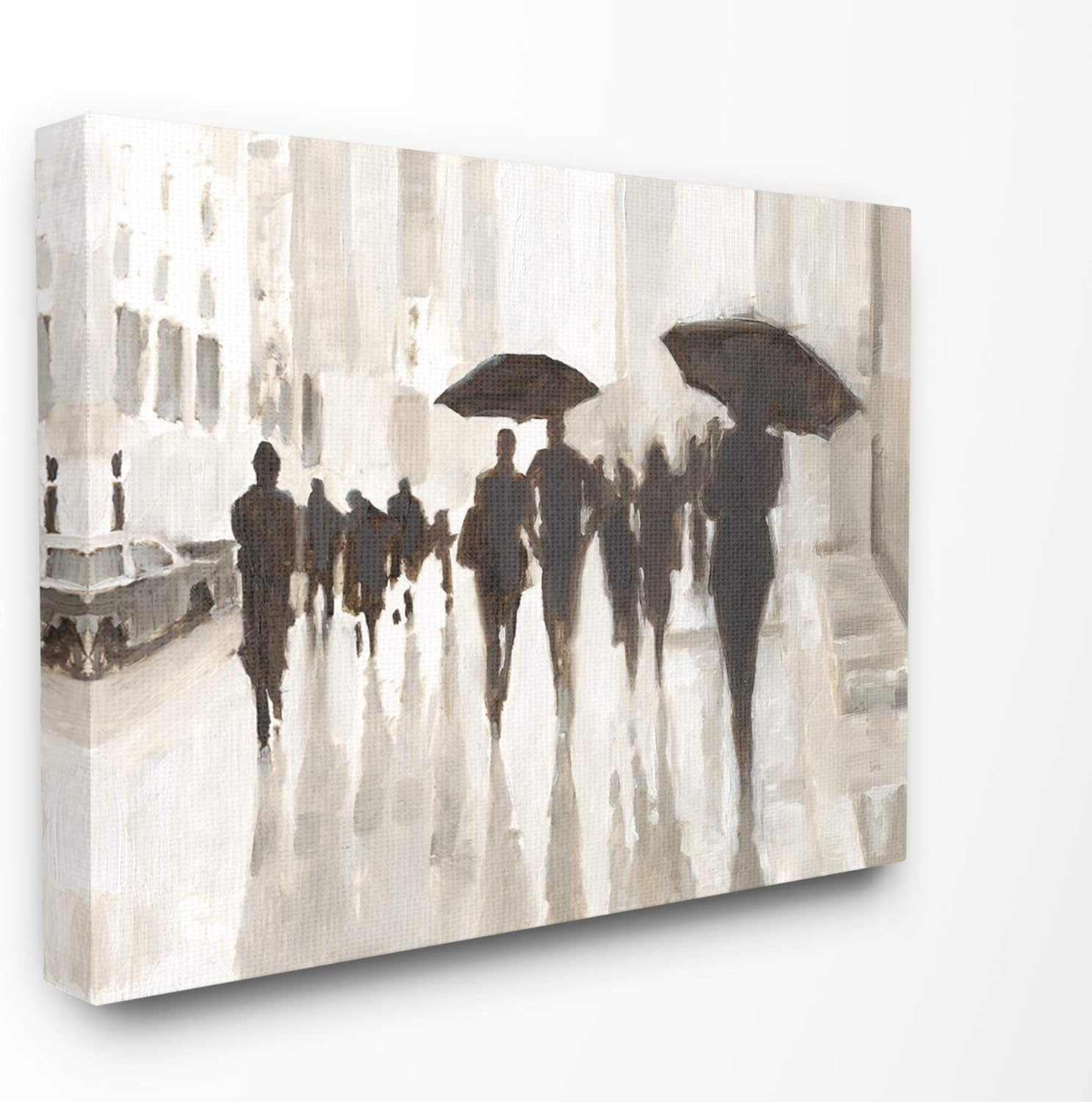 Monotone Black and White Raining City Crowd Canvas Wall Art