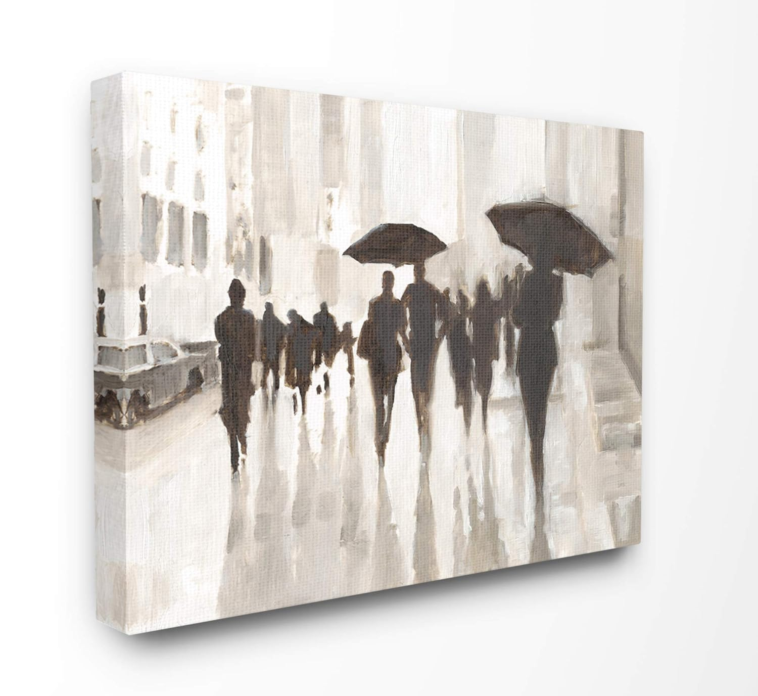 Monotone Black and White Raining City Crowd Canvas Wall Art