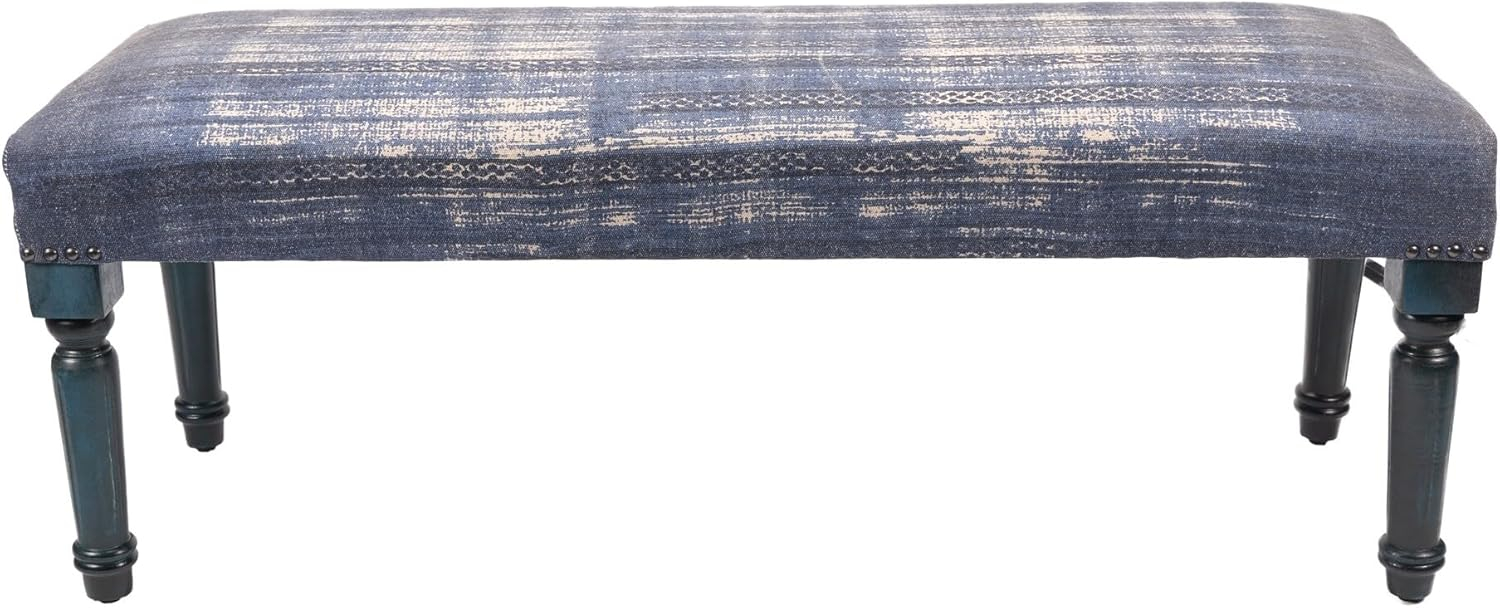 LR Home Bryant 47" Upholstered Accent Bench, Blue Abtsract