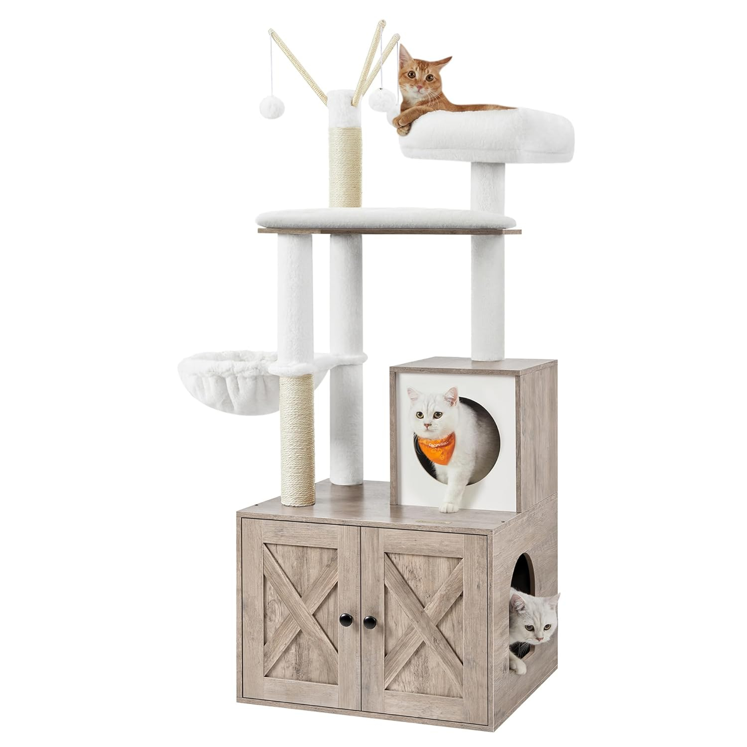 Feandrea Cat Tree with Litter Box Enclosure, 2-in-1 Modern Cat Tower, 55.1-Inch Cat Condo with Scratching Posts, Removable Pompom Sticks, Greige UPCT113G01