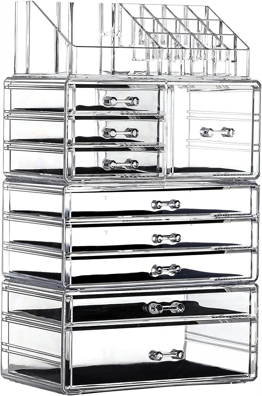 Cq acrylic 4 Pack Clear Make up Organizer Countertop,Stackable 9 Drawers Makeup Storage,Cute Vanity Organizers for dresser Hair Clip,Jewelry,Beauty Product Desk and Bathroom Organizers and Storage