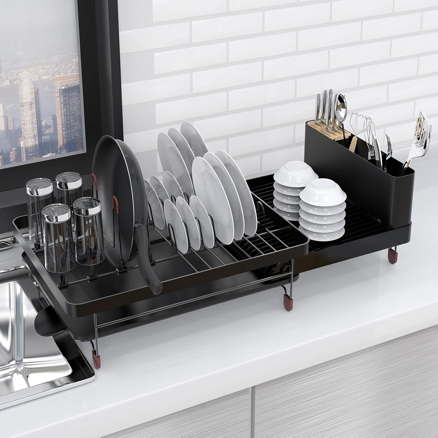Dish Drying Rack, Extendable Dish Rack, Cutlery Holder, Knife Holder and Pot Holder