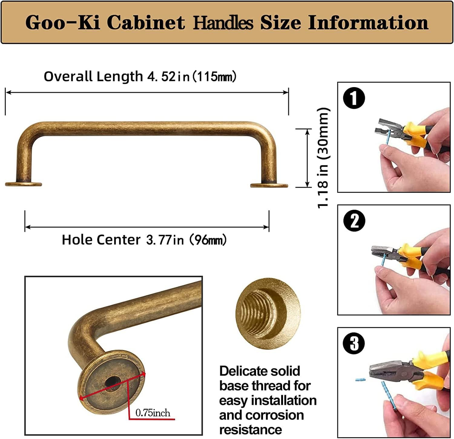 Goo-Ki 6 Pack Brushed Antique Brass Contemporary Cabinet Hardware Handle Pull 3.8"Hole Center(96mm) Hole Centers
