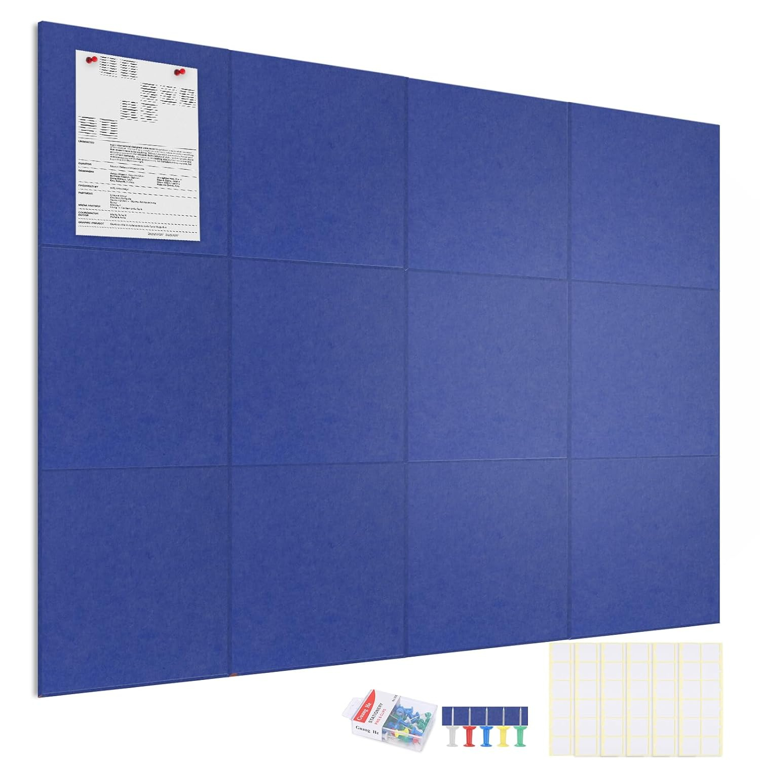Large Cork Board Alternative 48" x 36", Black Bulletin Board, 12 Pack Felt Wall Tiles With 50 Pushpins, Pin Board Tack Board for Office (Dark Blue)