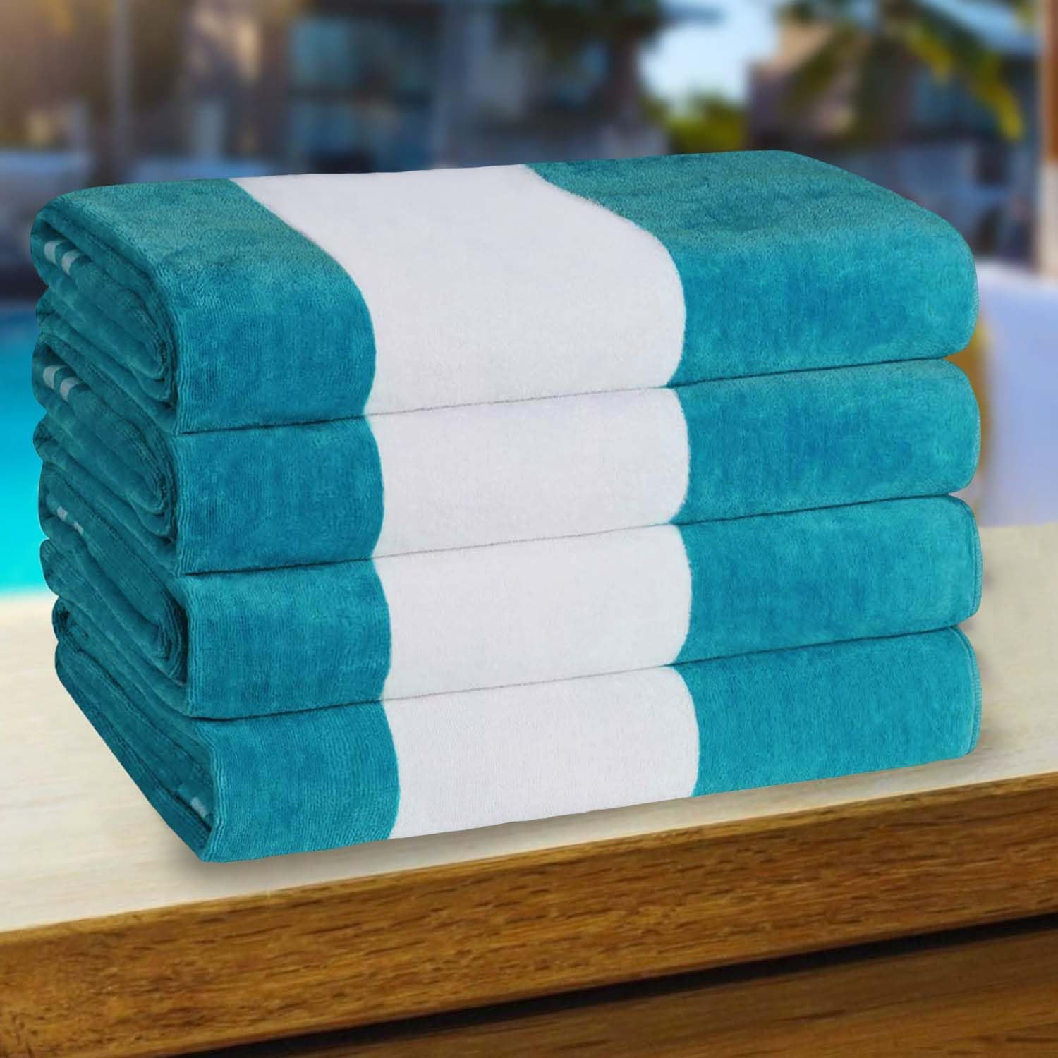 Superior Cabana Striped 4-Piece Oversized Cotton Beach Towel Set, Turquoise