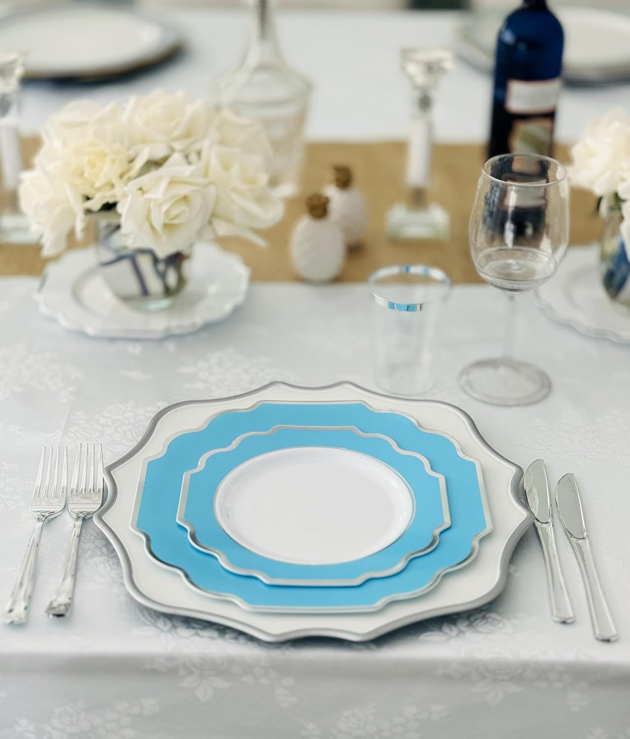 " OCCASIONS " 240 Plates Pack (120 Guests) Heavyweight Wedding Party Disposable Plastic Plates-120x10.5'' Dinner + 120x8'' Appetizer Plate (Imperial Aqua & Silver)