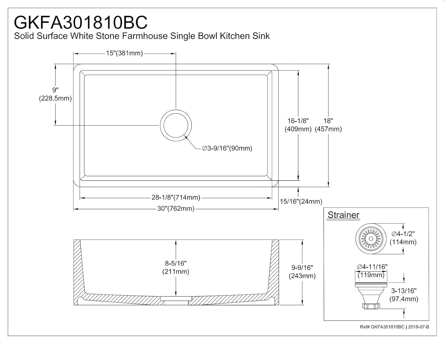 Matte White Stone Farmhouse Single Bowl Kitchen Sink, 30"