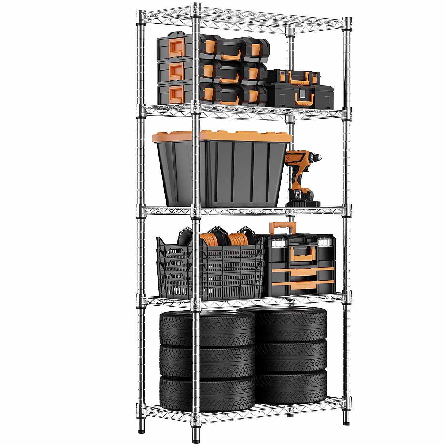1250 lbs Steel Heavy Duty 5-Tier Utility Shelving Unit Steel Organizer Wire Rack for Home,Kitchen,Office,Chrome (13.7" D x 23.6" W x 62.4" H)
