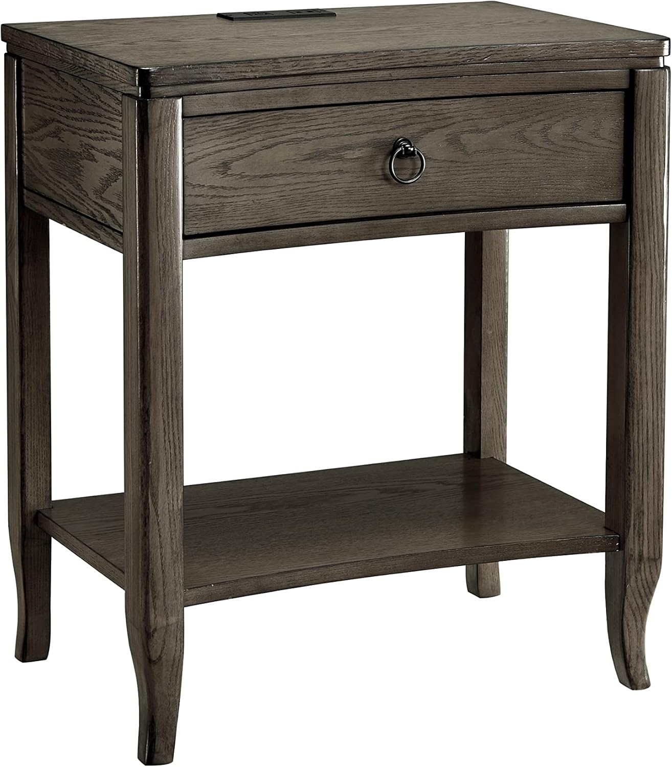 Leick Home 9077-GR Annette Oak Drawer Nightstand Side Table with Top AC/USB Outlet and Shelf, Smoke Gray