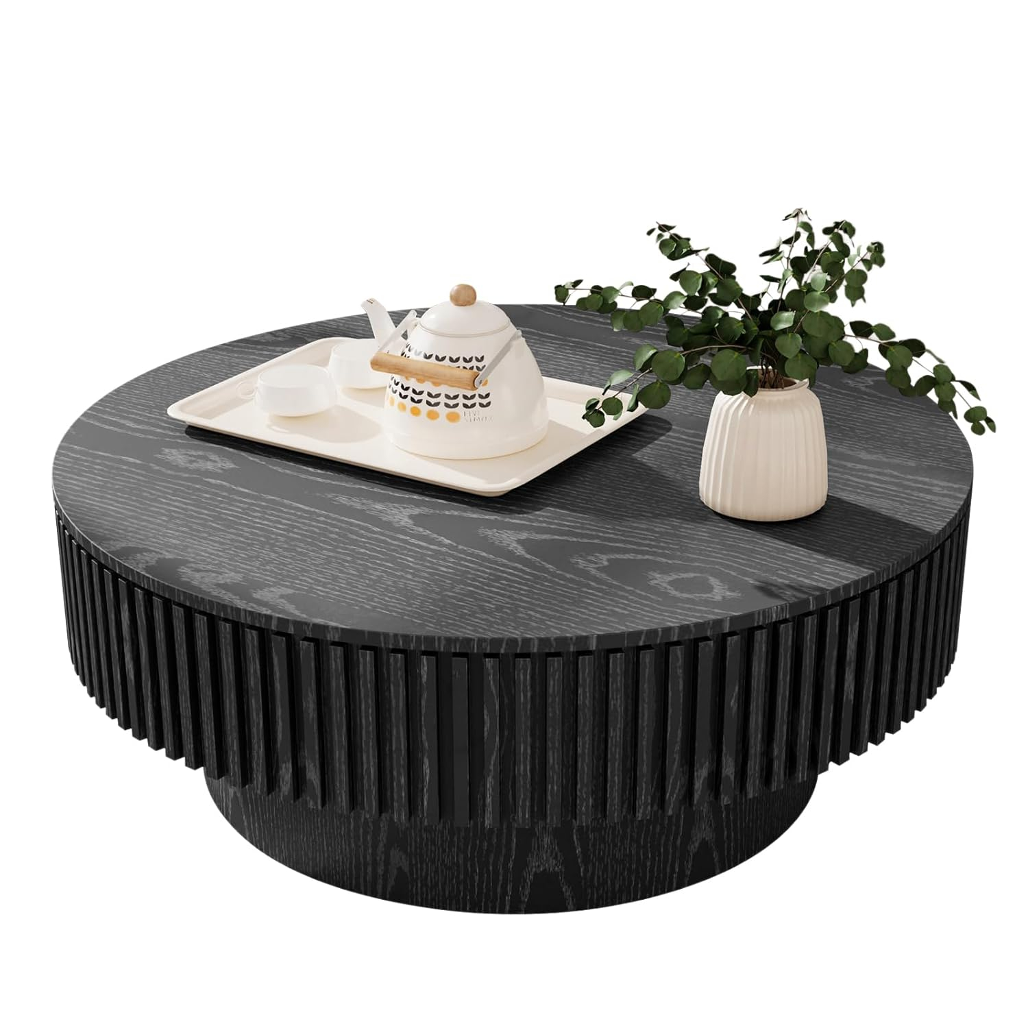 Round Coffee Table with Storage, Modern Wooden Coffee Table with Solid Wood Veneered, 31.5" Small Circle Center Table,Tea Table for Living Room,Home Small Space,Black