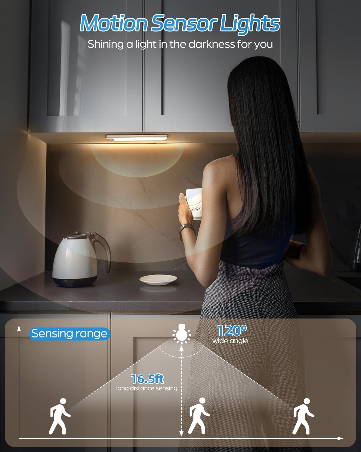 HIBOITEC Led Under Cabinet Lighting Motion Sensor Under Counter Light with 1000mah Rechargeable Battery, 30 LEDs Wireless Cabinet Lighting for Kitchen, Drawer, Warm White 2Pack