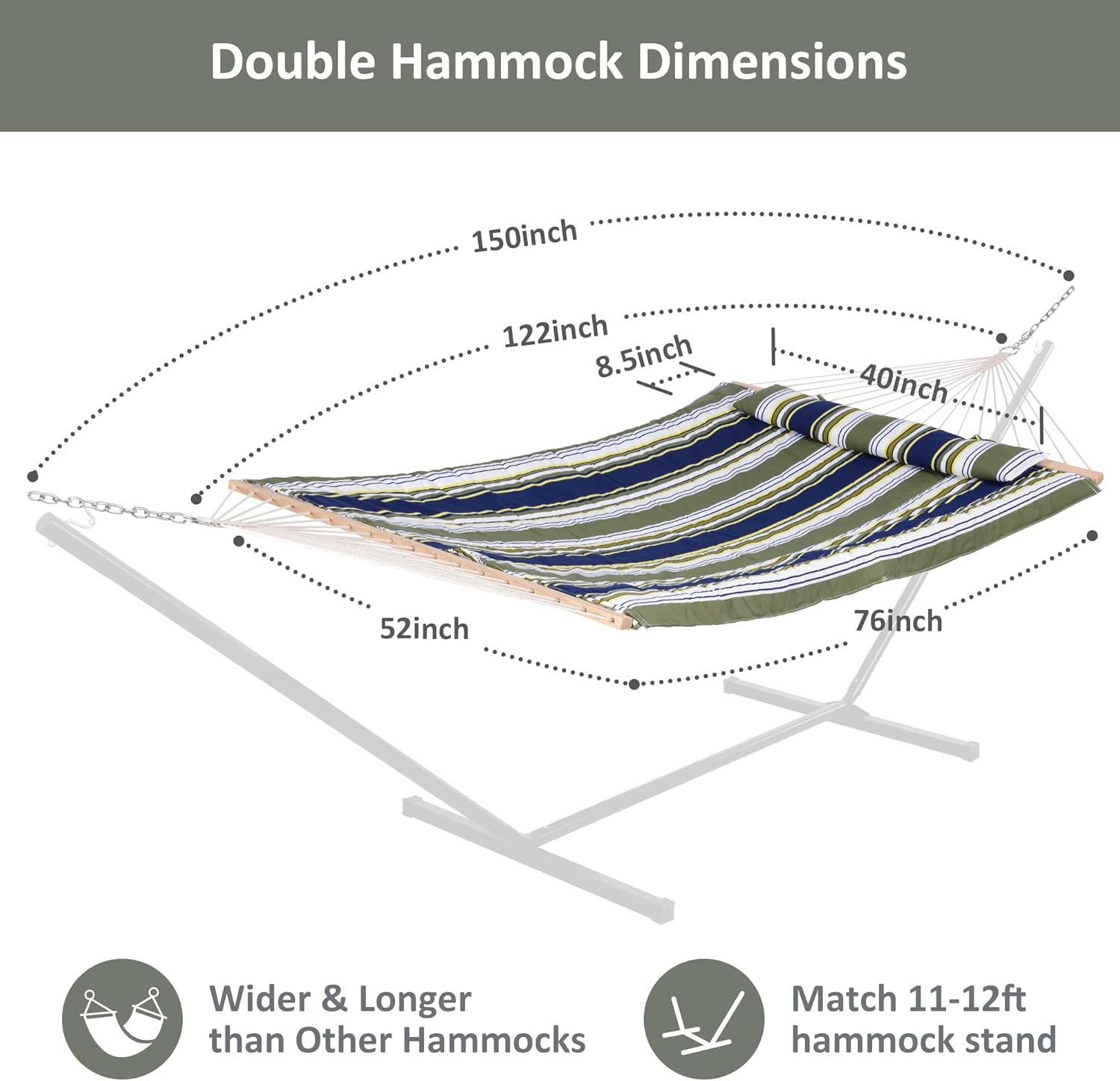SUNCREAT Hammocks Outdoor Double Hammock with Hardwood Spreader Bar, Cotton Rope Hammock with Polyester Pad, Blue&Aqua