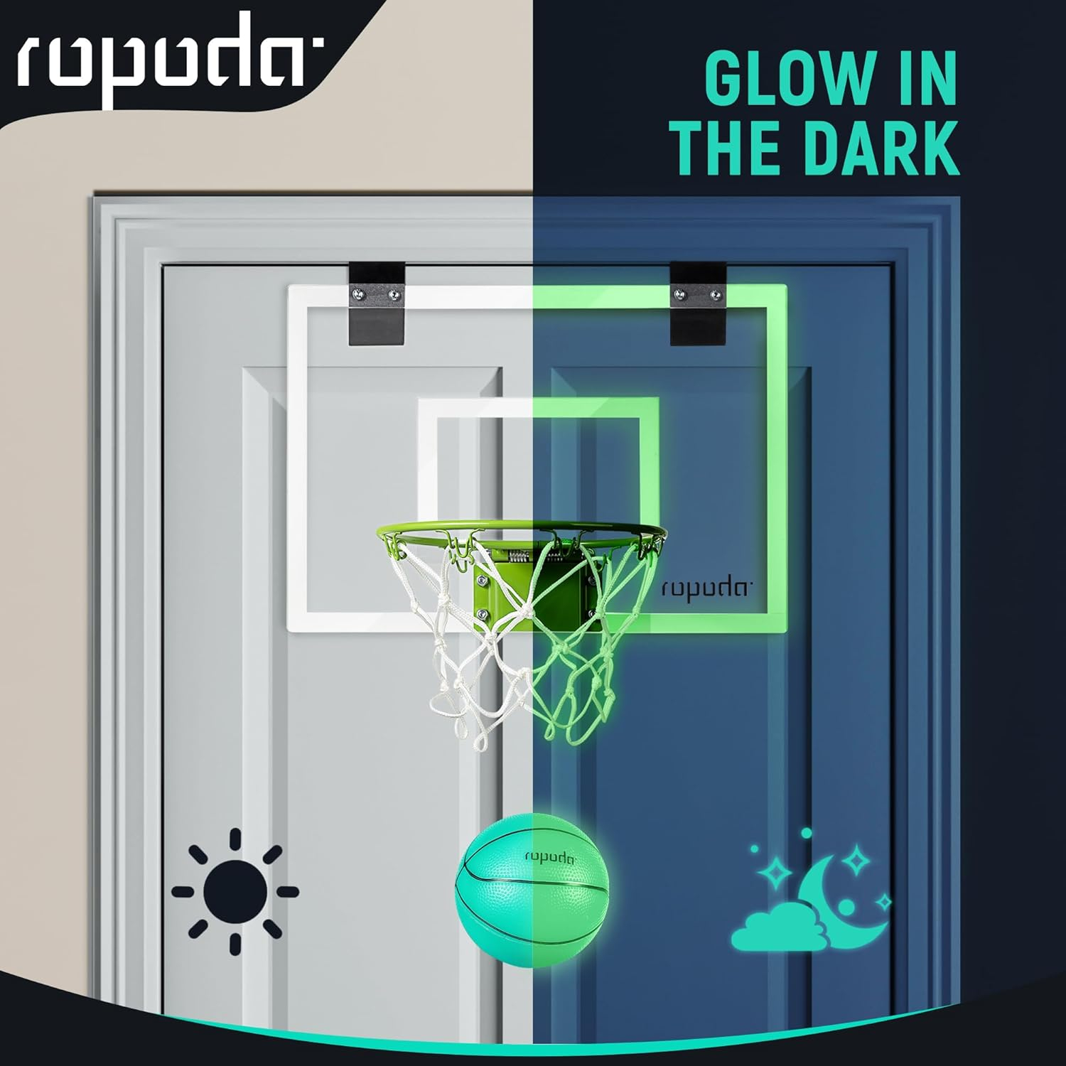 ropoda Mini Basketball Hoop - Glow in The Dark, Over The Door Basketball Hoop Indoor, Indoor Basketball Hoop Backboards for Teens and Adults, Mini Hoop for Kids with 4 Balls and Pump