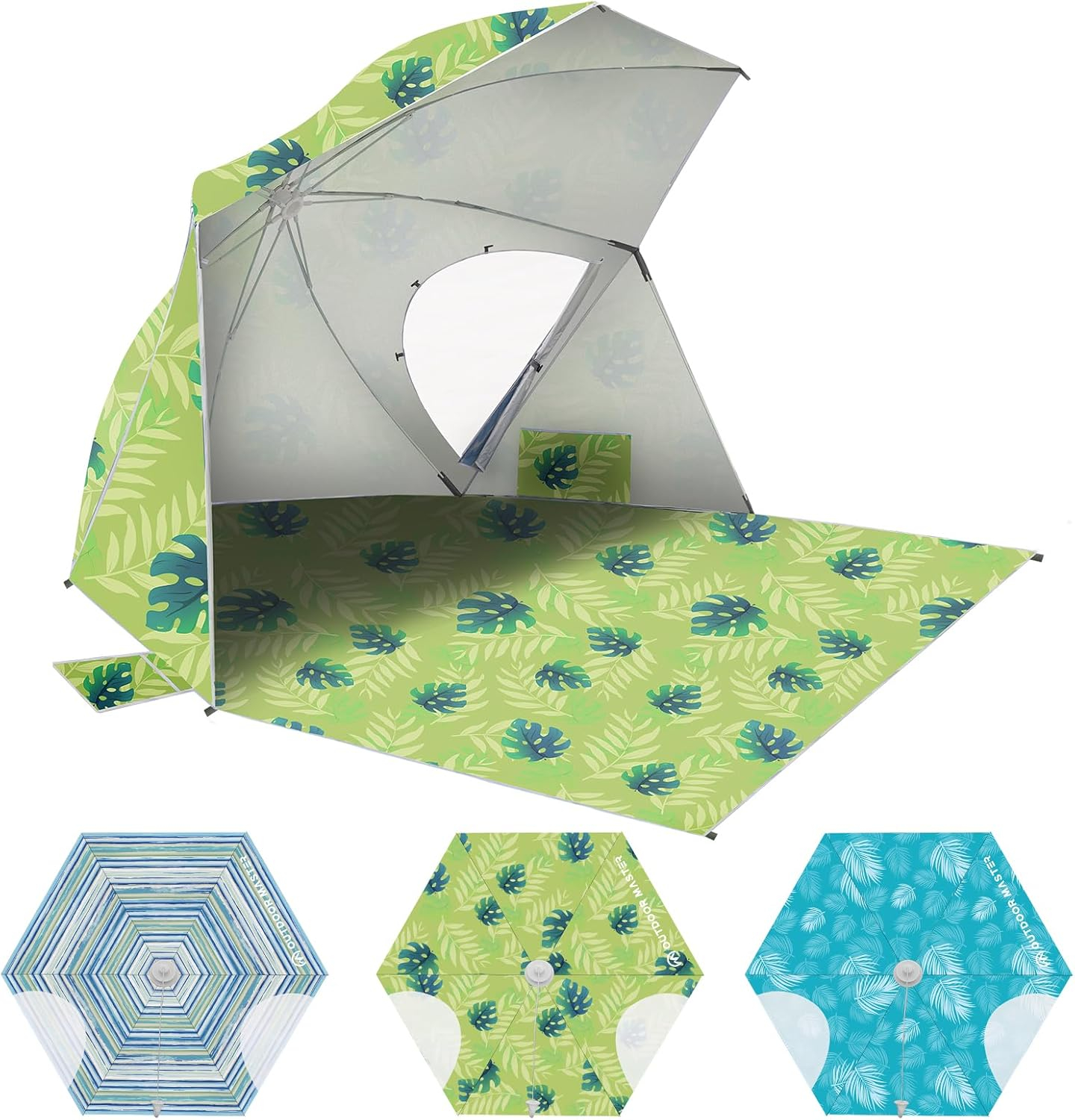 OutdoorMaster Pop Up Beach Umbrella, Portable Umbrella Shelter, Beach Shade Sun Canopy with UPF 50+ UV Protection, Extendable Floor with Carrying Bag