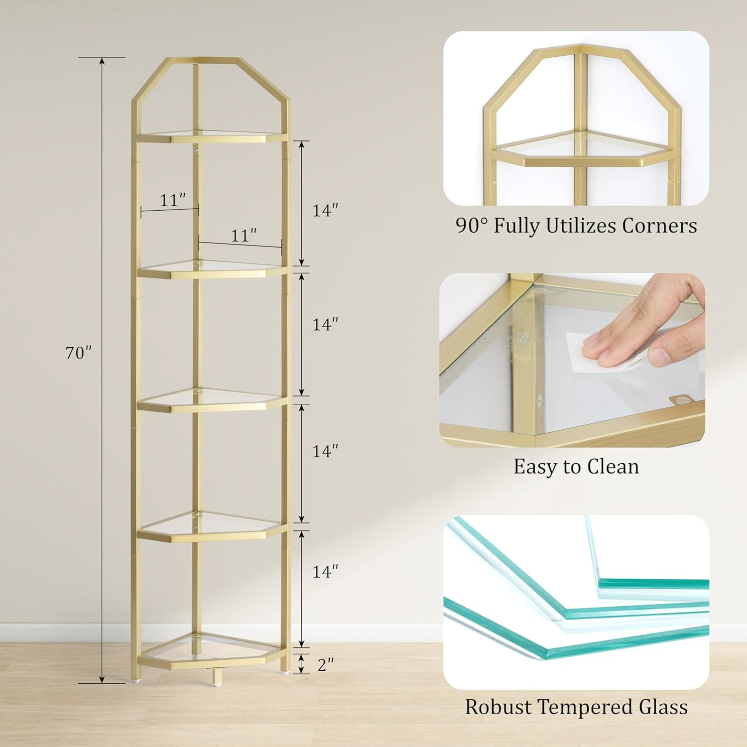 Gold 5-Tier Corner Bookshelf with Tempered Glass Shelves