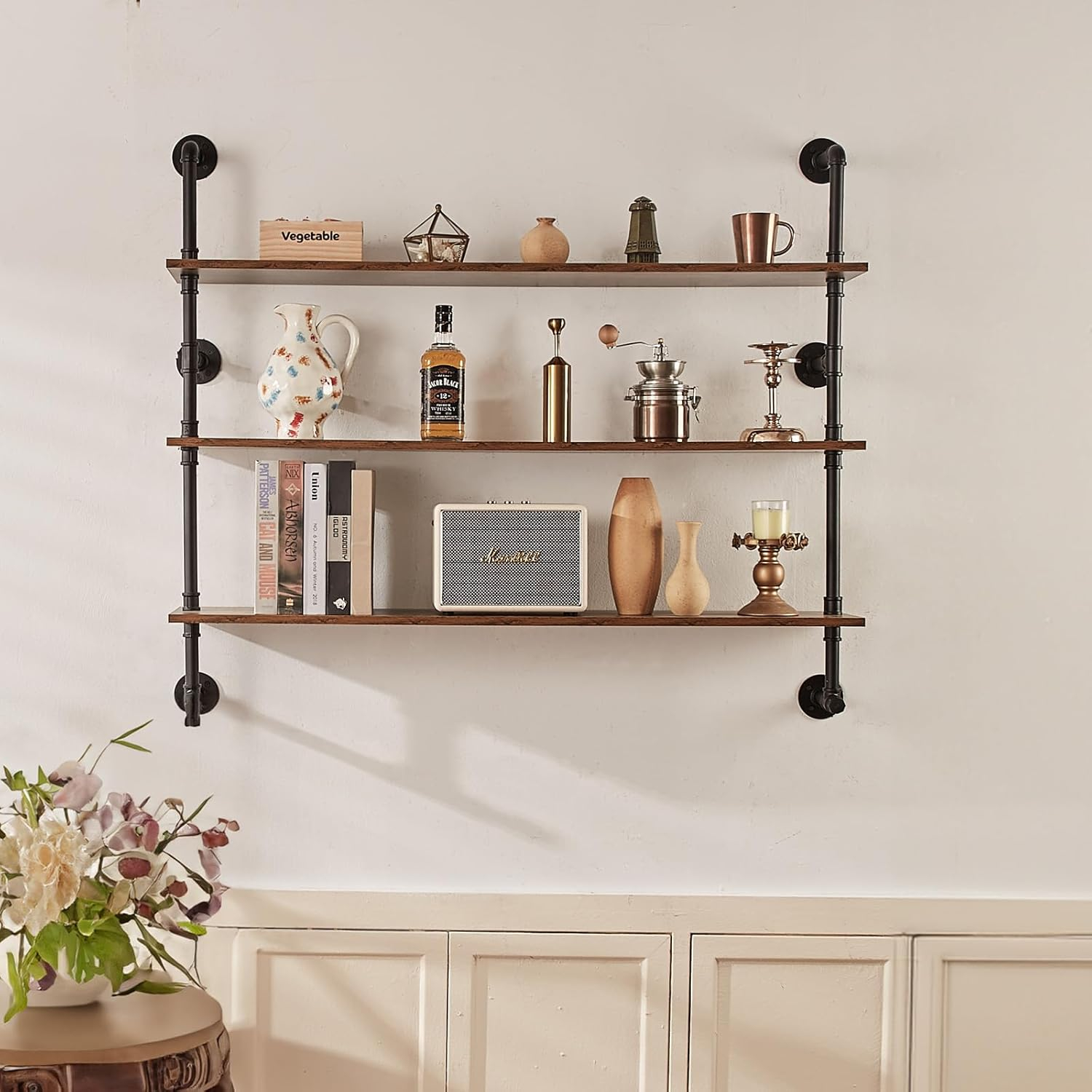 VEVOR Industrial Pipe Shelf, 3 Tier 48x9.84in, Wall-Mount Floating Rustic Wood Shelves Bracket Display Bookshelf, Storage Rack Sundries Holder for Kitchen Bedroom Bathroom Living Room, Black