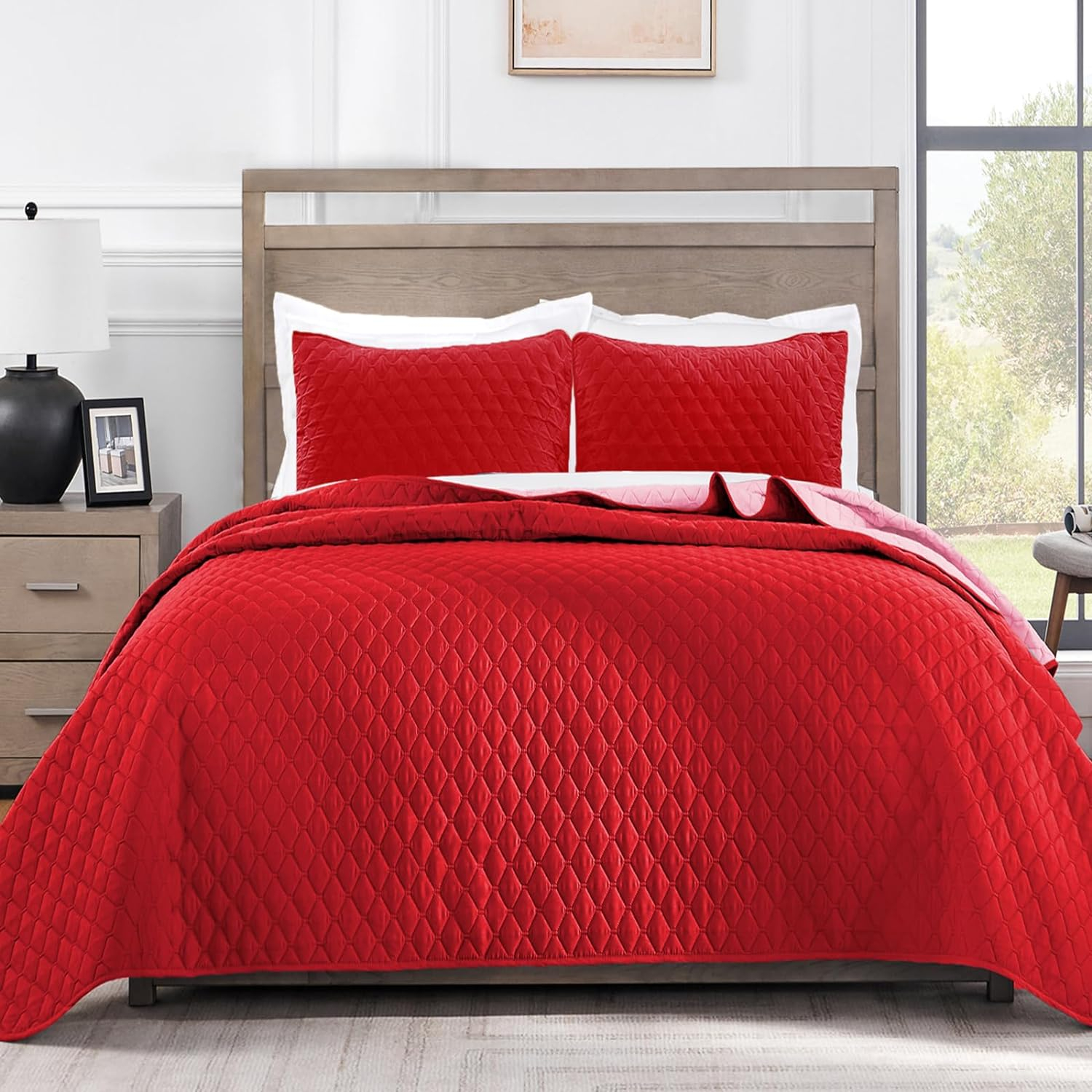 Exclusivo Mezcla Reversible Queen Quilt Set, 3-Piece Lightweight Quilts Soft Bedspreads Bed Coverlets, Red