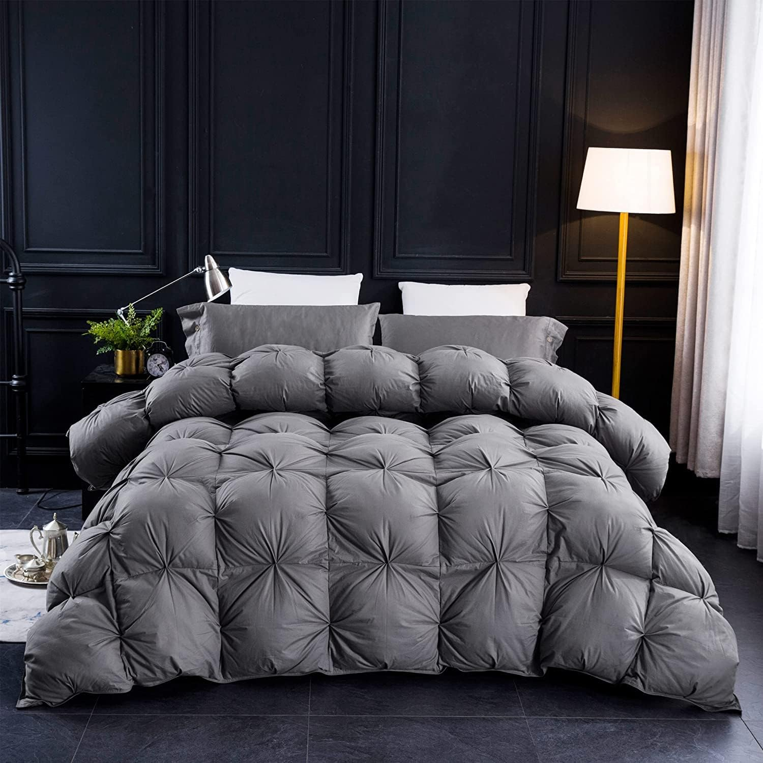 Three Geese Pinch Pleat Waterfowl Feathers and Down Comforter Queen Size Duvet Insert,750+ Fill Power,1200TC 100% Cotton, Premium All Seasons Pebble Grey Warm Hotel Comforter with 8 Tabs.