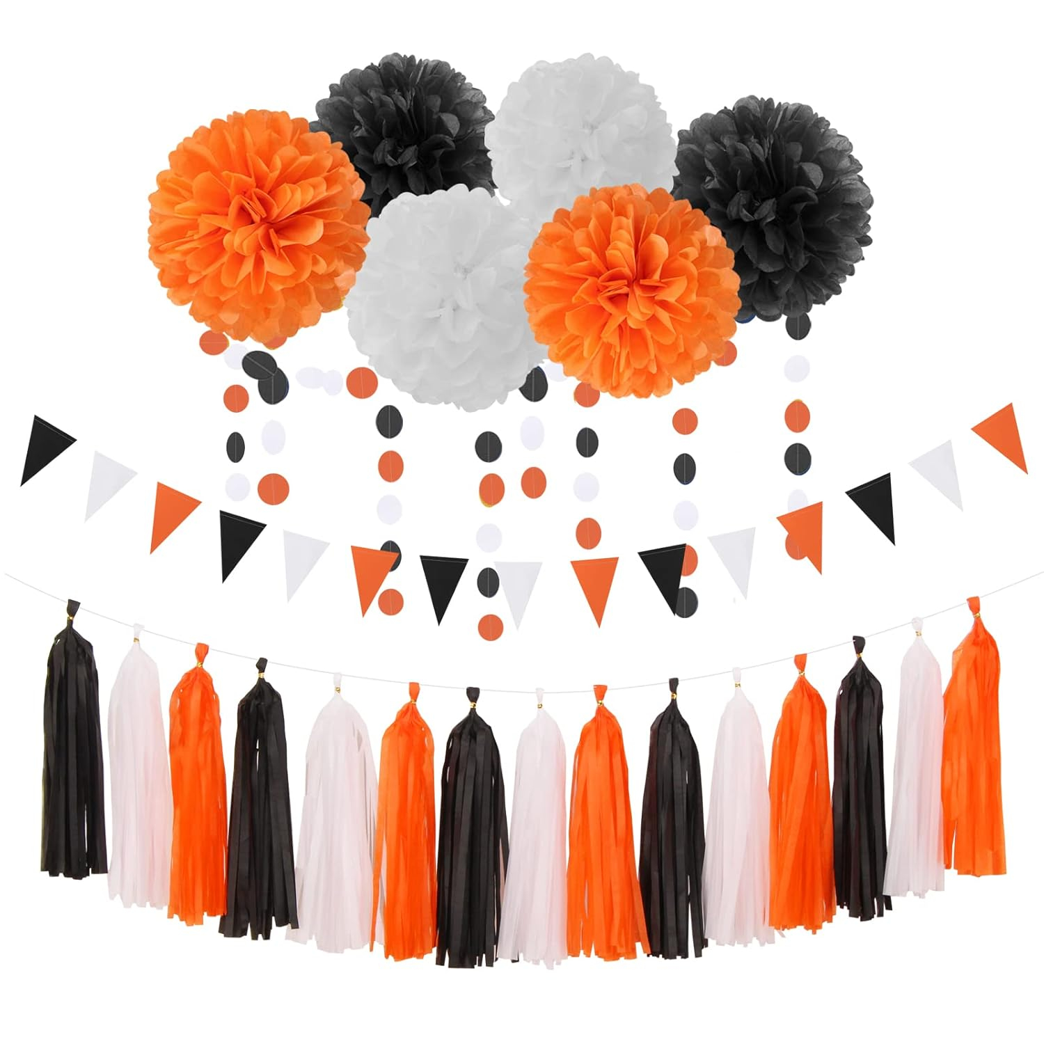 Black White Orange Halloween Party-Decorations - 23pcs Tissue Pom Poms Streamers,Tassel Garland Banner,Graduation 2025 Birthday Wedding Baby Bridal Shower Decor Bunting Lasting Surprise