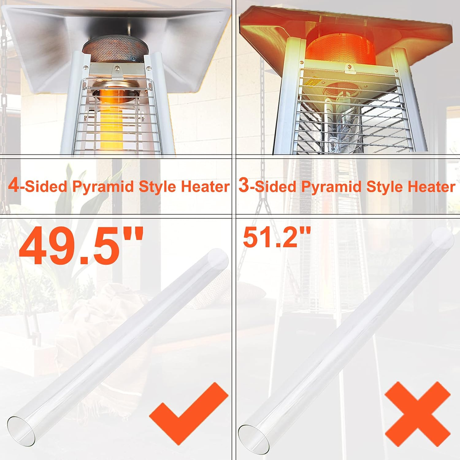 Patio Heater Glass Tube Replacement for 4-Sided Outdoot Patio Pyramid Heater，49.5 inch Tall