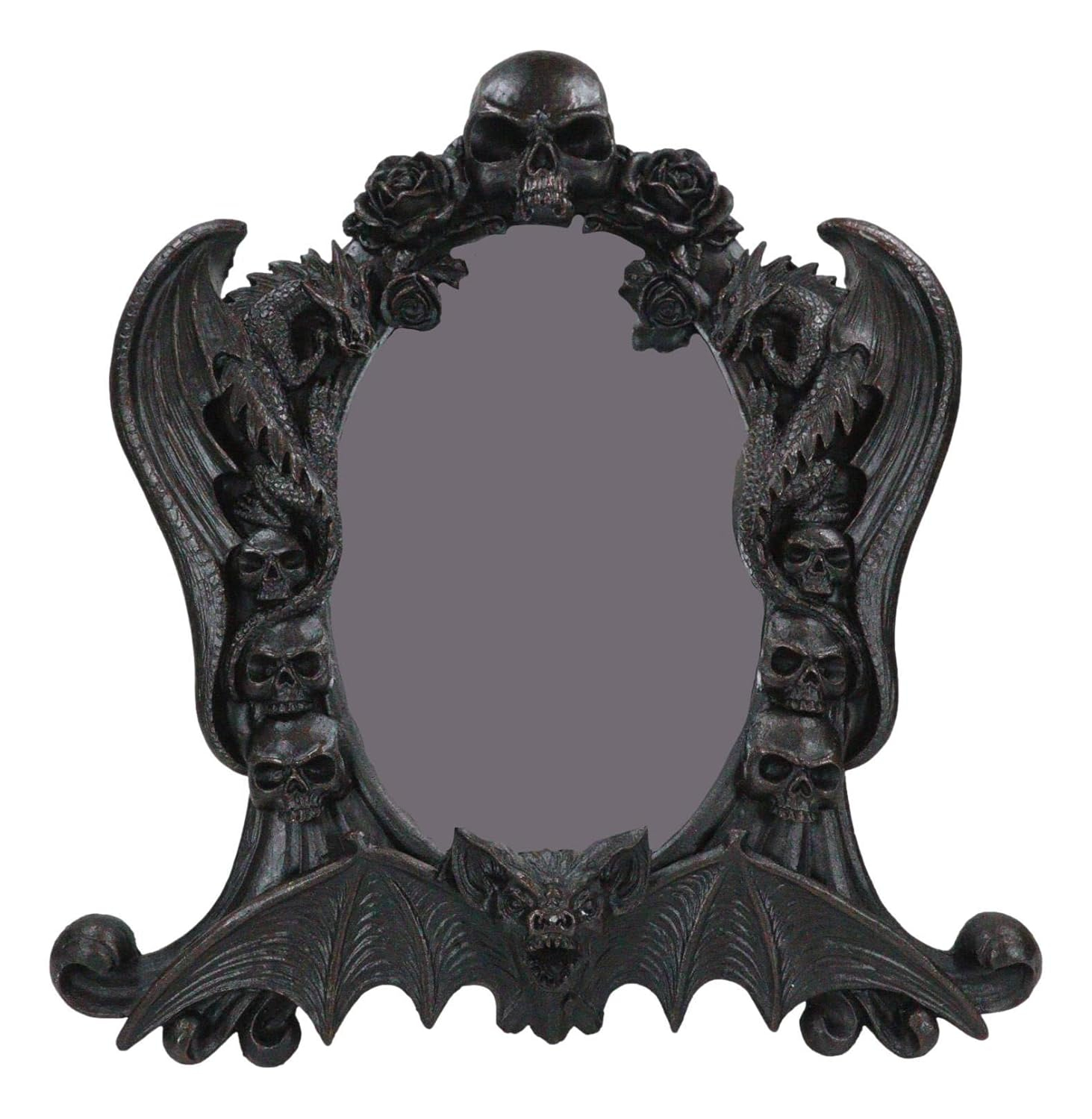 Gothic Black Resin Mirror with Skulls, Roses, and Bats