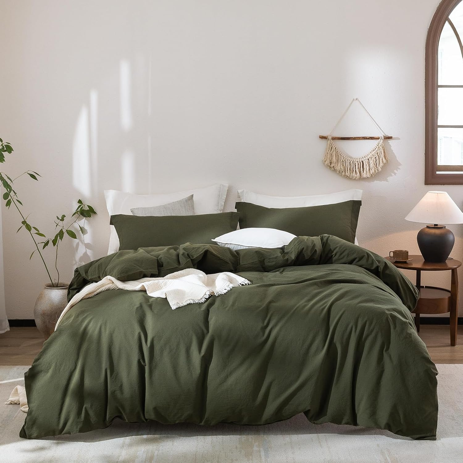 Olive Green Duvet Cover Queen Size, 100% Washed Cotton Bedding Set Cover 1 Duvet Cover 90inch x 90inch with Zipper Closure and 2 Pillowcases, Olive Green