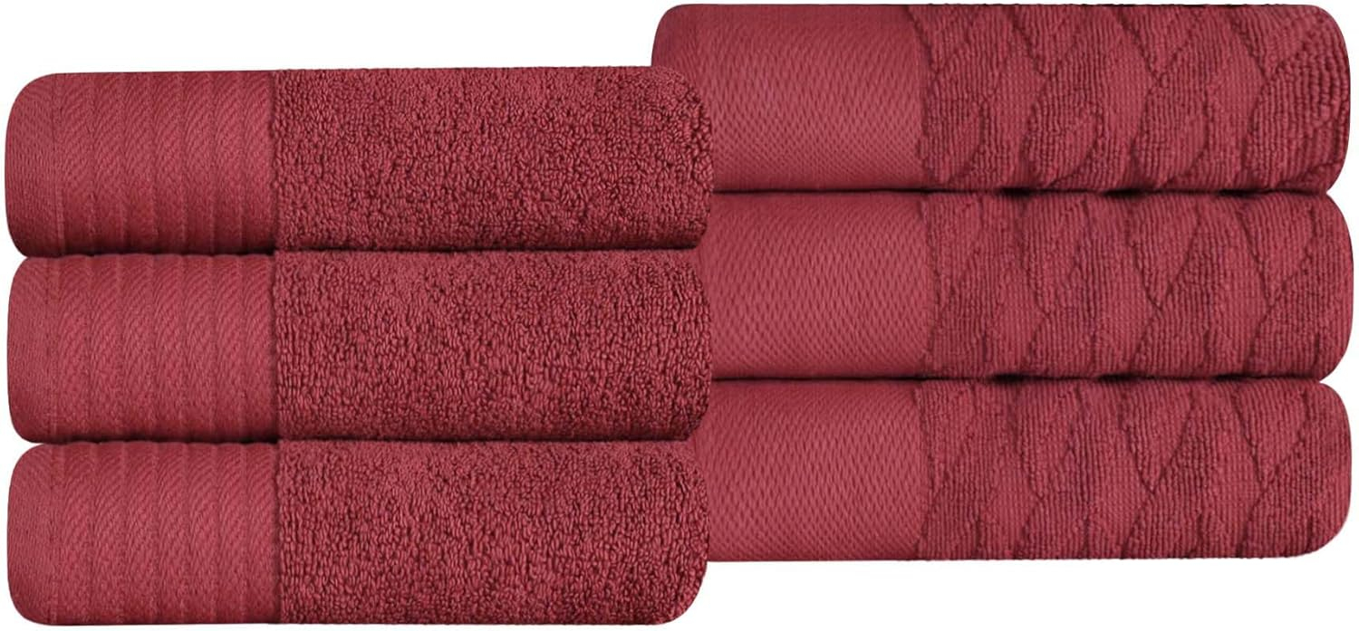 Superior Turkish Cotton Highly-absorbent 6-Piece Hand Towel Set for Bathroom, Spa, and Gym, Maroon