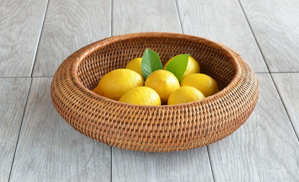 Kouboo La Jolla Rattan Fruit Bowl, Handmade Rattan Round Bowl for Fruit Serving, Decorative Kitchen Counter Bowls, Honey Brown