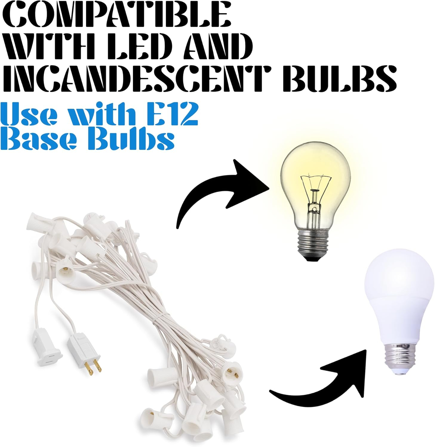 C7 Light Strings | 50' White Cord with 12" Socket Spacing, E12 Light Stringer for C7 Christmas Lights