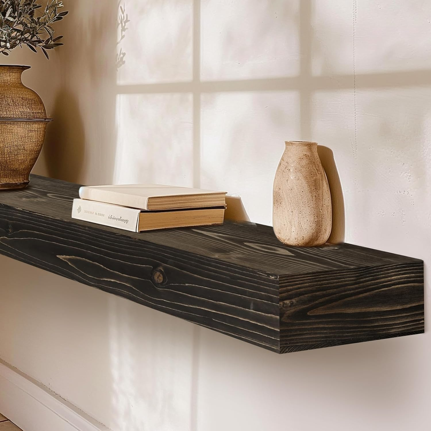Fireplace Mantel Handmade, 3'' Thick Wall Decor Long Floating Shelf, 60inch Rustic Wood Shelf with Invisible Brackets, Black