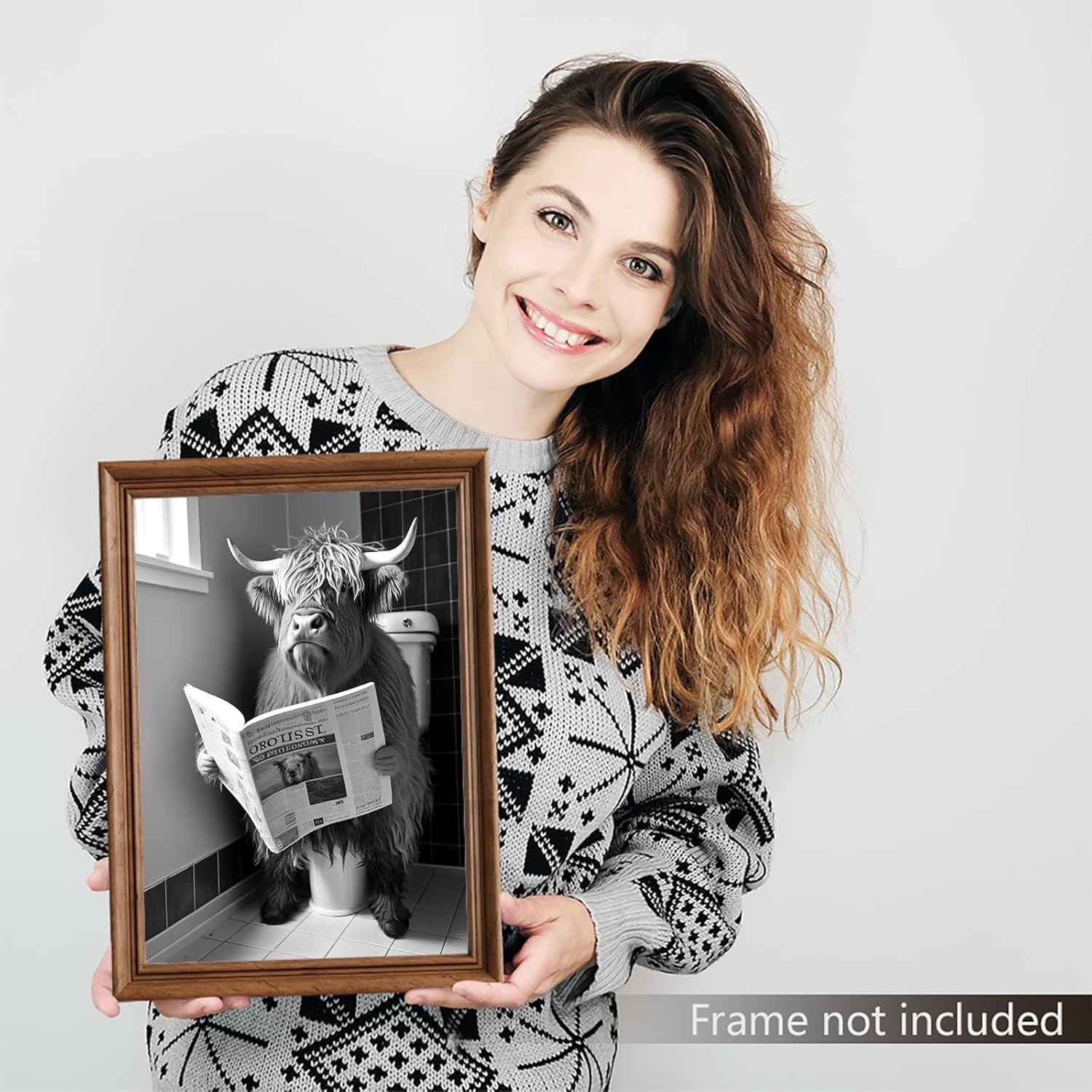 Yaasilinage Highland Cow Canvas Wall Art, Cow Sitting on The Toilet Reading Newspaper Print Poster, Funny Animal Bathroom Pictures for Toilet Guest Room Wall Decor 12x16in Unframed