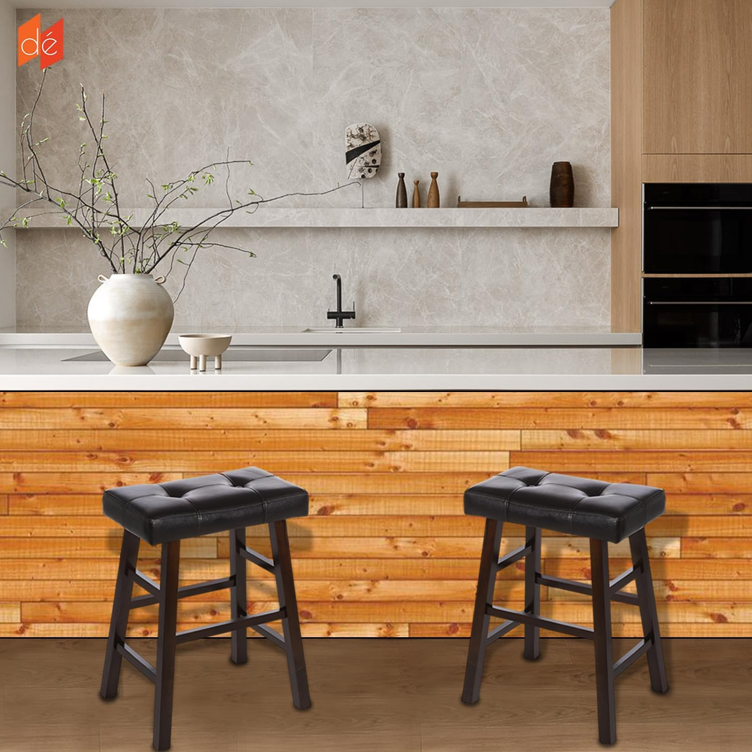 Legacy Decor 2 Counter Bar Stool Set - 24" High Dark Espresso Barstools with Wrapped Bonded Faux Leather Seat - Solid Wood Modern Countertop Stools - Ideal for Kitchen Island & Bar Areas
