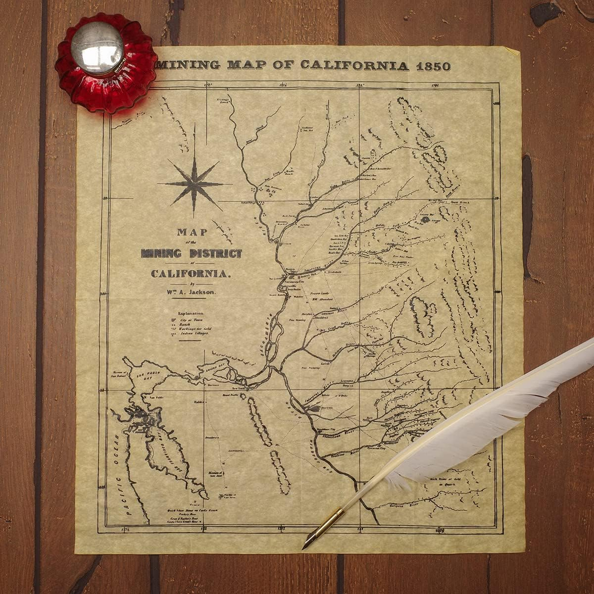 Mining Map California 1850 Parchment Paper Poster CA Gold Rush Home Decor Wall Art