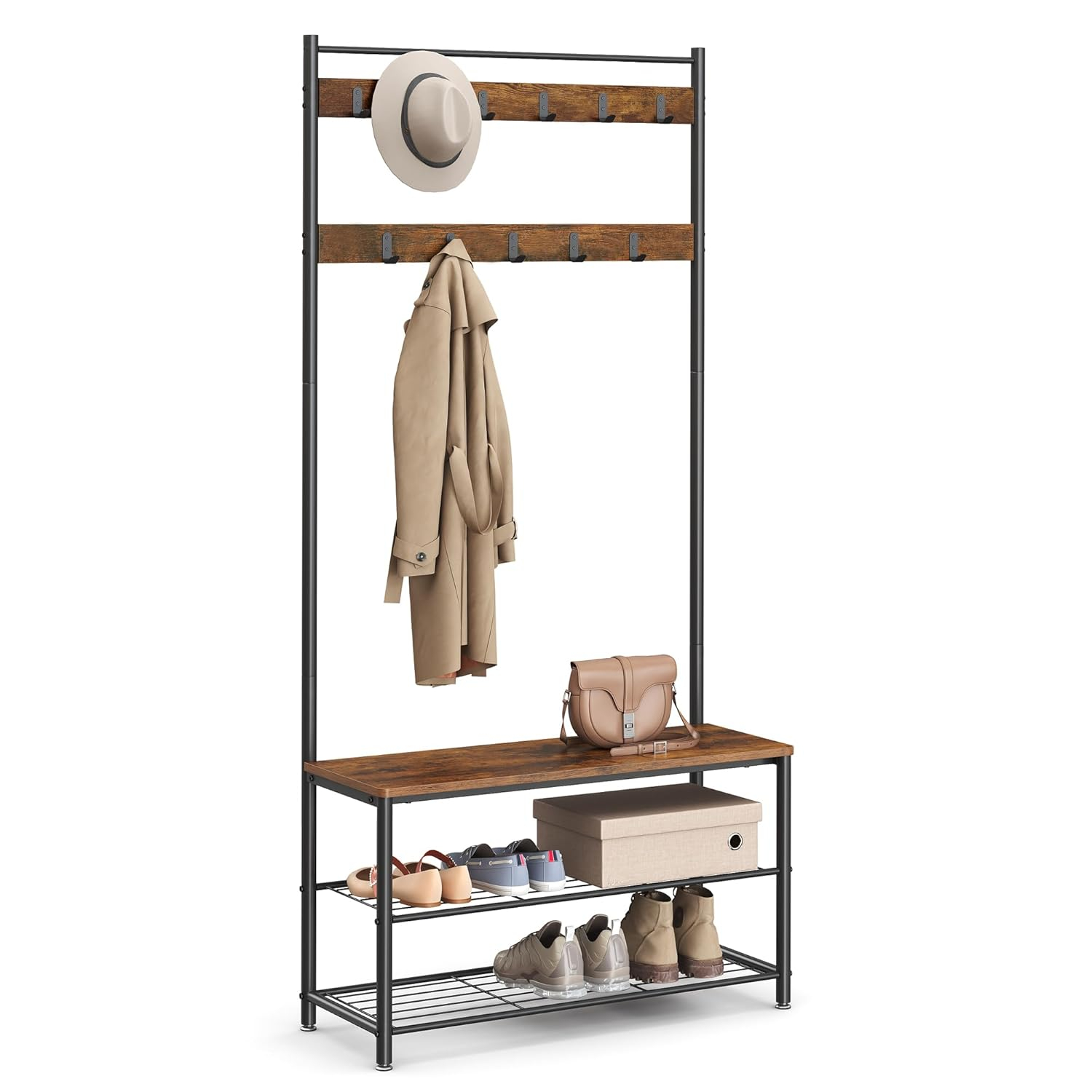 VASAGLE Coat Rack, Hall Tree with Shoe Storage Bench, Entryway Bench with Shoe Storage, 3-in-1, Steel Frame, for Entryway, 12.6 x 33.5 x 68.9 Inches, Industrial, Rustic Brown and Black UHSR401B01