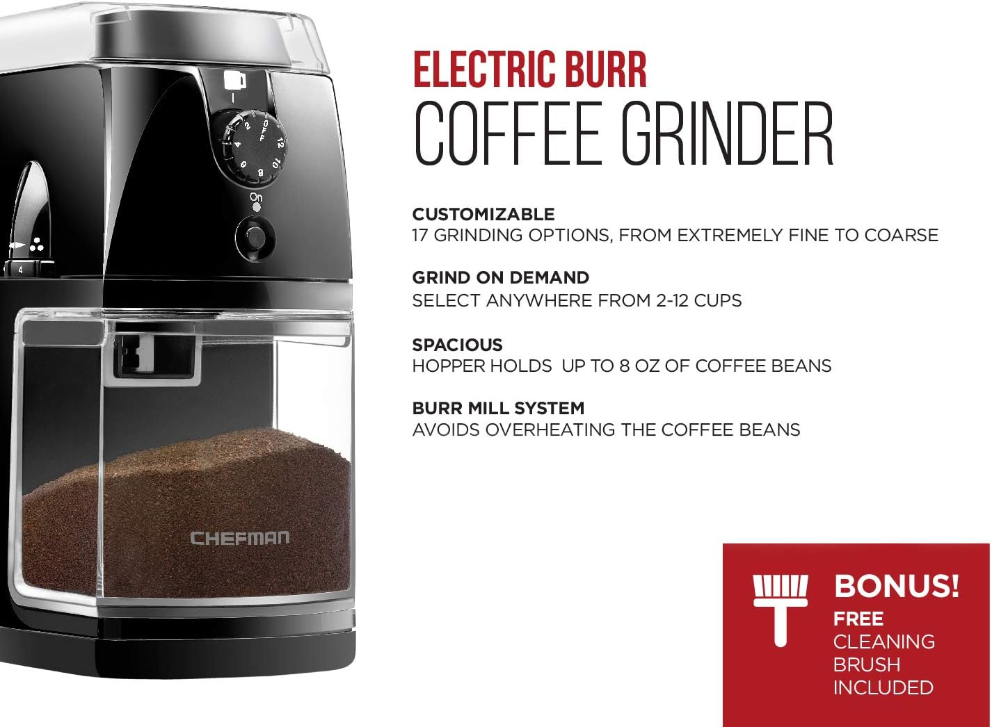 Chefman Coffee Grinder Electric Burr Mill 8oz Beans Large Hopper Easy One Touch Operation, Cleaning Brush Included Black